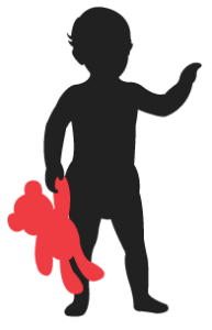 child from the icis logo holding a red teddy bear