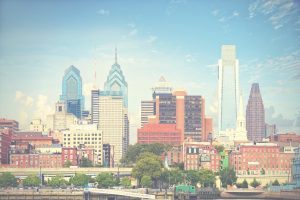 desaturated philly skyline with blue sky